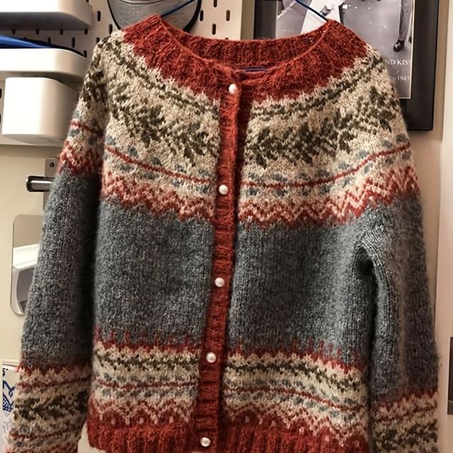 TEMU Elegant Women's Cardigan Jacket | Block With , Jacquard, Green Leaf Pattern, Fashionable And Comfortable, Vintage Commuter Style, Ideal Gift -