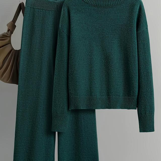 TEMU Bk0720076 + Funds + Women' Color Easy Casual Suit: High-waisted Flared Pants And Turtleneck Sweater Two-piece Set, Comfortable Loose Long-sleeved Pullover Trousers, Autumn And Winter