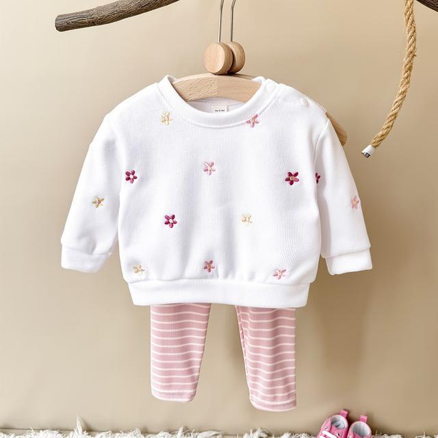 TEMU Conjunto de 2 piezas de Ropa Casual para Niñas con Bordado de Flores , y Cómoda para Exteriores + Pantalones de y Otoño