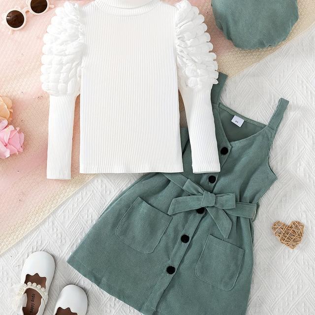 TEMU Vierdelige Meisjesmode Casual Kleur Bubbel Lange Mouwen Hoge Hals Shirt met Zakken, Knoopsluiting Bovenkleding, Breteljurk met Riem en Hoedenset voor Herfst/Winter