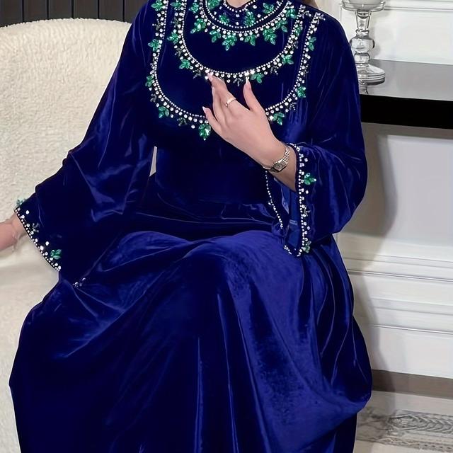 TEMU Saudi Arabian Abaya Velvet Robe With Zipper And Green Teardrop Beads | Tribal Pattern, Suitable For Spring/summer/fall