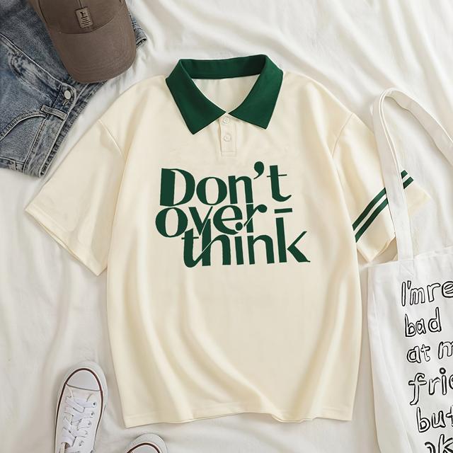 TEMU Don't Over Think Graphic Casual Style Women's Fashion Versatile Short Sleeve Golf Shirt With Contrast Collar, Women's Activewear