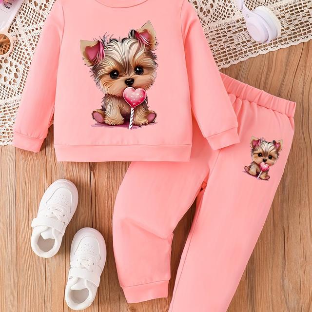 TEMU Novorozenecký dívčí set s potiskem - kulatý výstřih, dlouhý rukáv, pohodlné kalhoty, ideální pro venkovní nošení