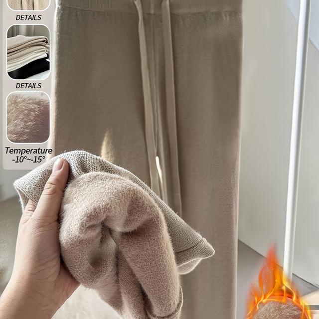 TEMU Damen Elegante Thermohosen mit Gürtel - Verdickt Winter-Leggings, Gerade Beine Alljahres-Hose in beige/schwarz – Maschinenwaschebar für Casual-, Büro & Partywear