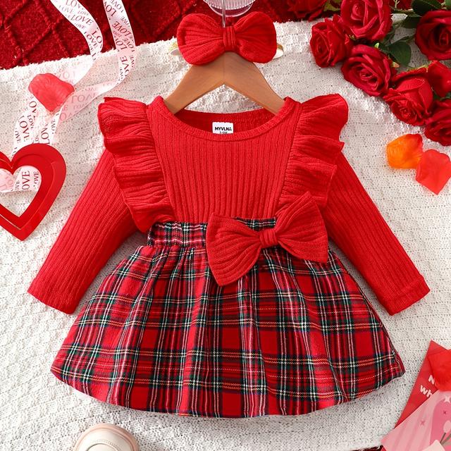 TEMU Valentine's Day Party Dress For Girls - Red And Black Plaid 2-in-1 Design With Oversized Bow And Ruffle Cuffs