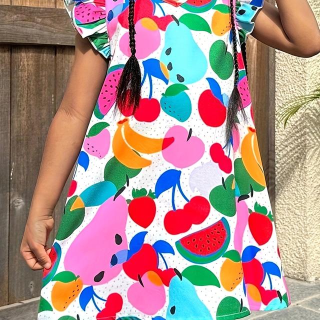 TEMU Chic Fruit Print V-neck Dress For Girls With Ruffle Sleeves - Casual, Machine Washable Polyester - Perfect For Spring/summer/fall