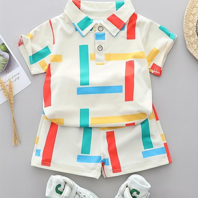 TEMU 2-pc Summer Striped Collar Fashion Short Sleeve And Shorts Set, For Outdoor