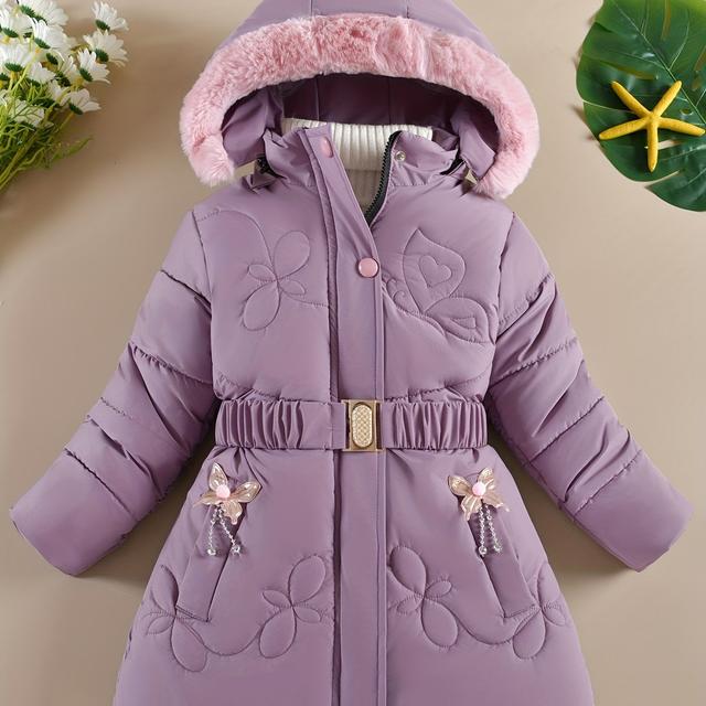 TEMU Girl's Casual Thick Padded Long Sleeve Hooded Parka Jacket With Detachable Waist Belt, Winter Outerwear