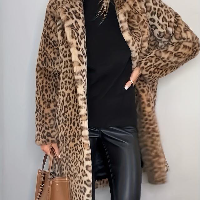 TEMU Women's Elegant Leopard Print Coat - Long Formal & Casual Outerwear, Machine Washable & Dry Winter Jacket For Parties, Office, Everyday Outfits - Sophisticated Women's Clothing