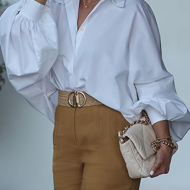 TEMU YTD Damen Elegantes Kragen-Lanternärmel-Button-Up-Batwing-Shirt, Übergrößiges Einfarbiges Stilvolles Vielseitiges Oberteil Für Alle Jahreszeiten.