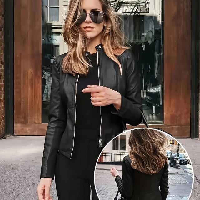TEMU Chaqueta corta de cuero sintético para mujer que realza , con un chic vintage, color liso, cierre de cremallera, perfecta para de otoño e invierno