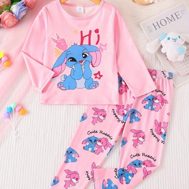 TEMU Girls' Autumn Pajama Set, Cute Cartoon Rabbit Print Round Neck Long Sleeve Top + Print Pants, Comfortable Casual Loungewear, Polyester Fabric Flame Retardant Test , Outdoor