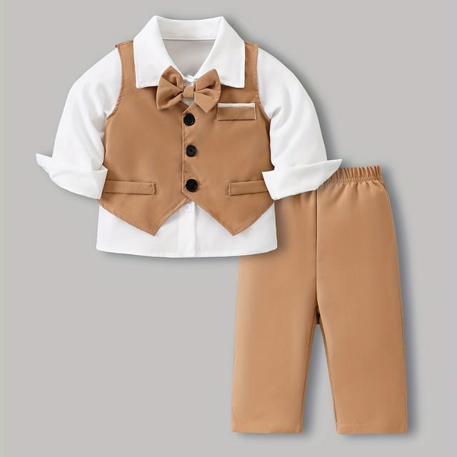 TEMU Spring/ Sleeveless Button Vest And Long-sleeve White Shirt With Elastic Waist Long Pants Casual Fashion 3pcs Set For Infant And Toddler Outdoor Wear, For Outdoor