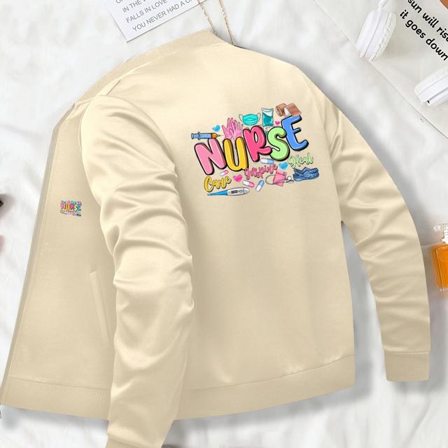 TEMU Nurse Spring Autumn Winter Printed Women's Casual Jacket With Stand Collar And Long Sleeves