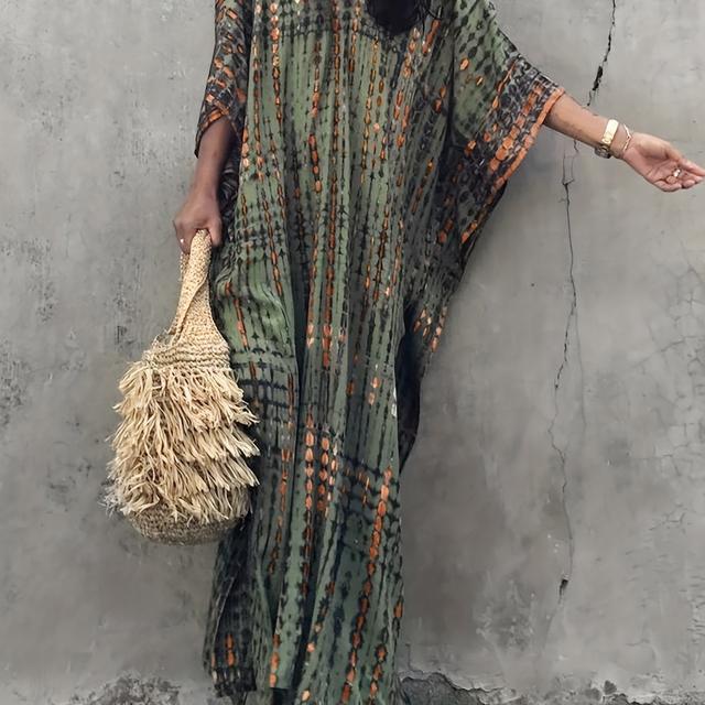 TEMU Boho Chic V-neck Beach Cover-up Dress - Sleeveless, Flowy Maxi Dress With Colorful Floral Print, Summer Beach , Beach Dress