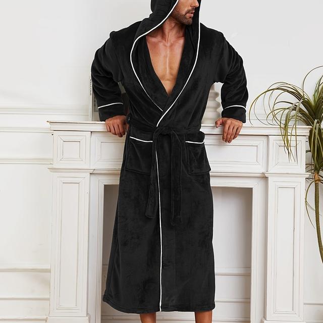 TEMU Men's Luxury Robe - Thick Plush Fleece Hooded Bathrobe With Belt, Long Sleeve Winterrobe For Home, Spa, Hotel, Travel - Soft Warm Cozy Robe For Men, Spa Attire, Wear, Plush Fabric
