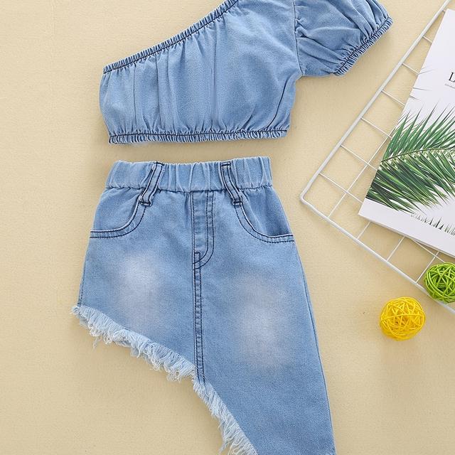 TEMU Girls' Off-shoulder Denim Short-sleeved Top With Frayed Denim Asymmetrical Skirt