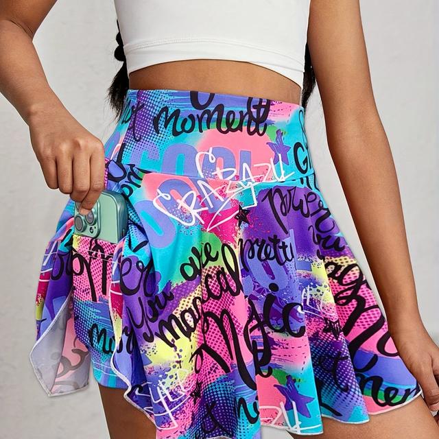 TEMU Mädchen-Skort für Vor-Teenager, Frühling/Sommer, süßer sportlicher Stil mit Buchstaben-Aufdruck für Laufen, Tennis, Training, Yoga, mit Handy-Tasche, Größen 110-170