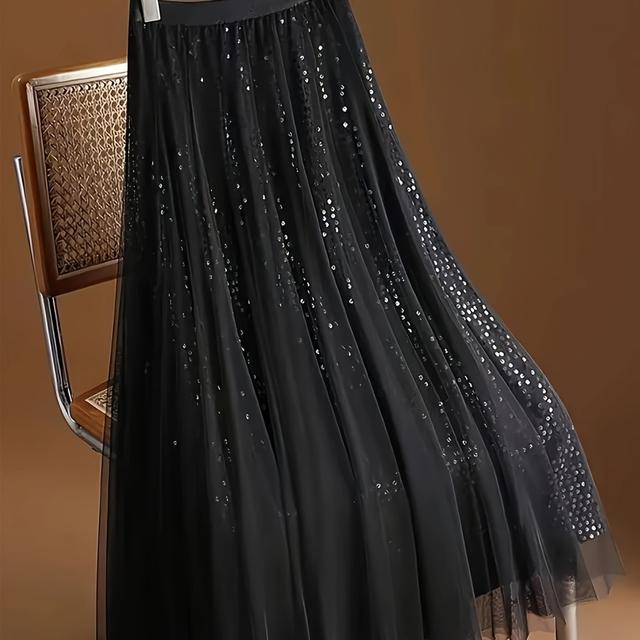 TEMU Elegante Pailletten-Tüll-Midirock - tailliert, machender Polyester-Strickstoff, einfarbig, langer, fließender Rock für Damen - Frühling/Herbst-