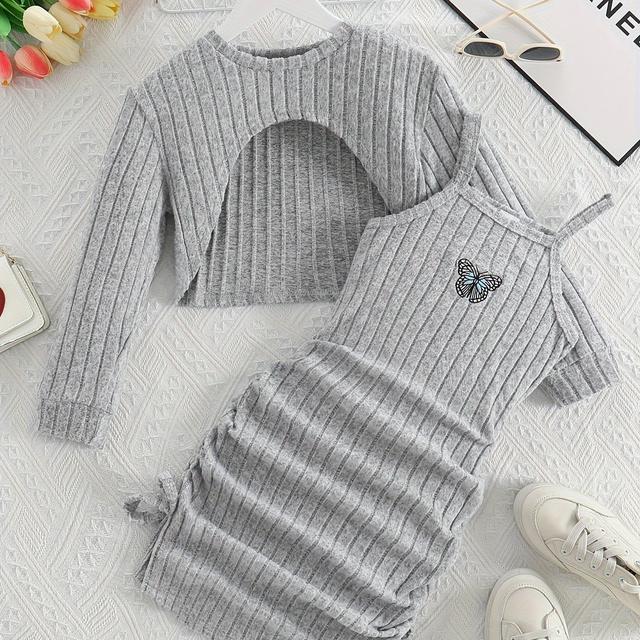 TEMU طقم قطعتين للبنات، يتضمن بلوزة وفسة مطرزة على شكل ، مناسب للربيع والخريف، للخروج