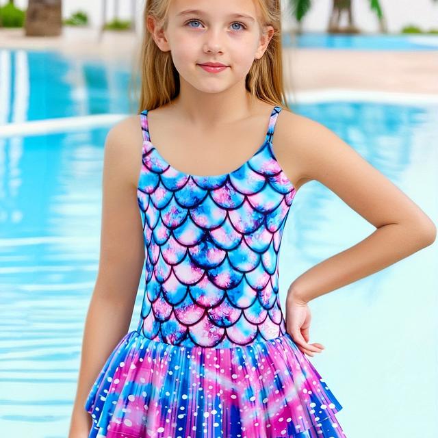 TEMU Children's Swimsuit, Girls' One-piece Skirt Style Swimsuit, Girls' Bikini, 3d Fish Scale Baby Suspenders, Mermaid Clothes, Swimsuit For Medium And Large Children