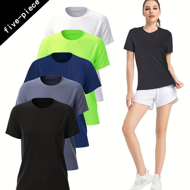 TEMU Set Of 5 Women's Sports T-shirts, Quick-drying, Breathable, Suitable For Running, Fitness, Tennis, Badminton Training, Lightweight Casual Round-neck Short Sleeves
