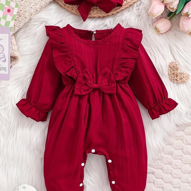 TEMU Дитячий весняно-осінній комбінезон для дівчинки, з текстурованої тканини, мереживом та прикрасою у вигляді метелика + хусточка на , для вулиці