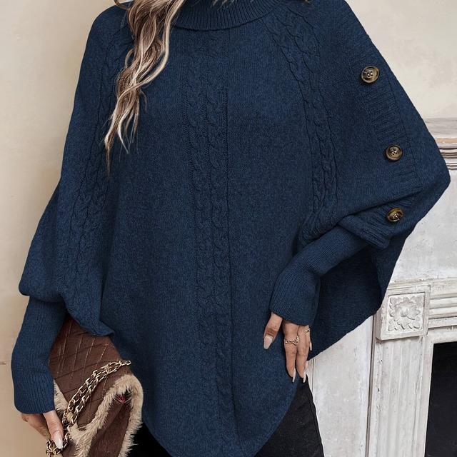 TEMU Edler Damen-Zopfstrickpullover - Hoher Kragen, Lange Glockenärmel, Lockerer Schnitt mit Dekorativen Knöpfen, Mittlere Dehnbarkeit Einfarbige Strickware für Herbst und Winter