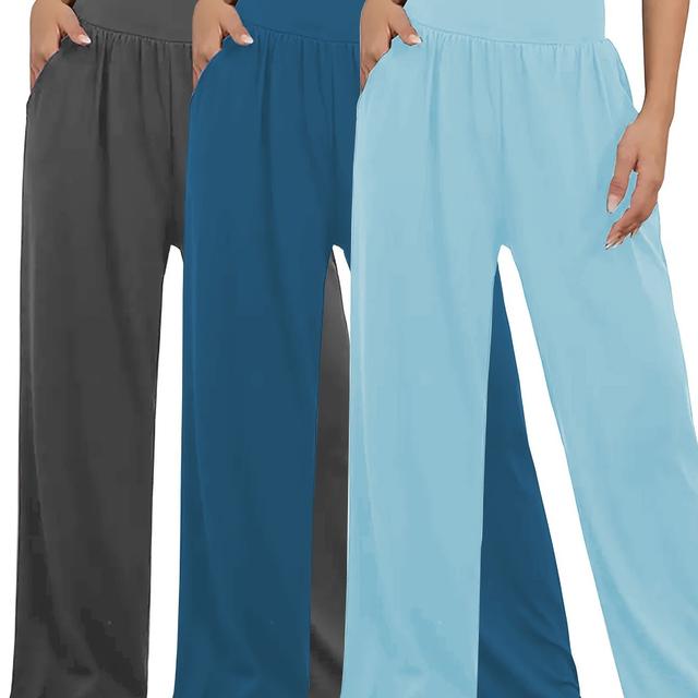 TEMU Plus Size, 3pcs Plus Size Women's Casual Pants With Pockets, Solid Color Wide Leg Straight Leg Pants