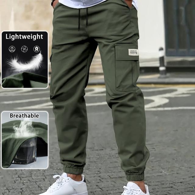 TEMU Men's Cargo Pants, Thin And Breathable, Drawstring Waist With Flap Pockets, Solid Versatile Casual Trousers, Suitable For Daily Wear, Outdoor Sports And Hiking - 1pc