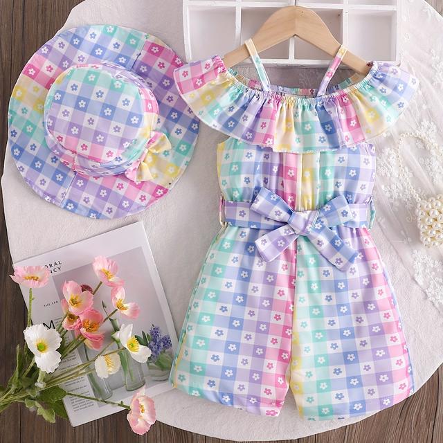 TEMU 2pcs Girls' Camisole Dress + Hat Set With Daisy Print For , Outdoor