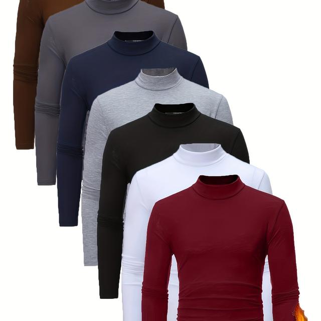 TEMU Autumn And Winter Men's Thickened Solid Color Half High Neck Base Layer Shirt 7pcs Daily Casual Wear