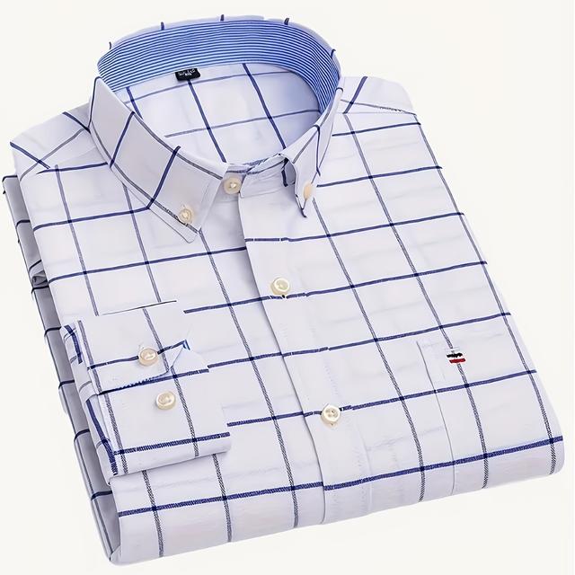 TEMU Camisa Oxford de larga a cuadros para hombre | con cuello de solapa, detalles de bolsillo bordados, tela sin elasticidad, para todas