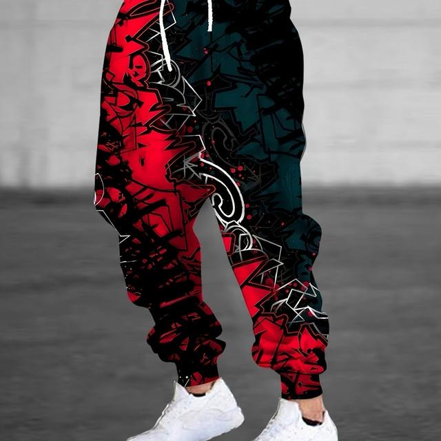 TEMU Lifestyle Flex, Men's Stylish 3d Graffiti Print Joggers With Drawstring & Pockets - Comfortable Polyester Casual Sweatpants For All