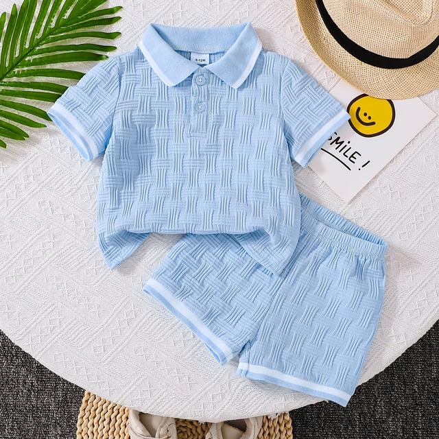TEMU Summer Two-piece Boys' Light Blue Short-sleeve Shirt And Shorts Set & Nordic Minimalist Blue Shirt And Shorts Combo Casual Fashion Boys' Outfit, Perfect For Outdoor