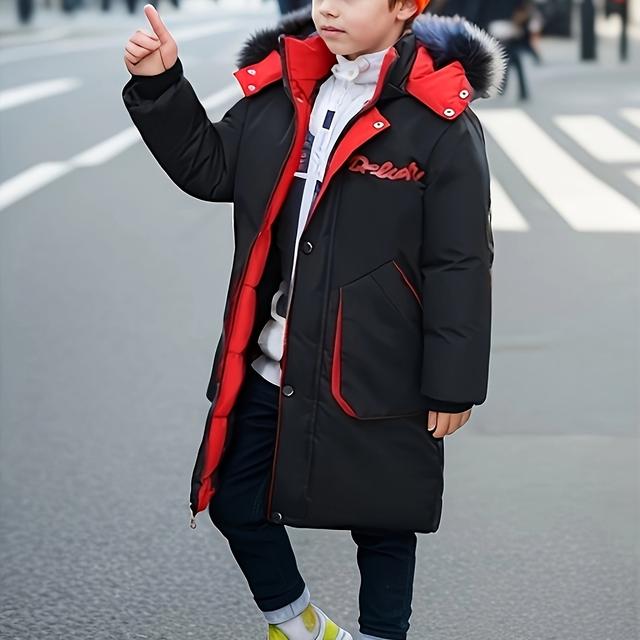 TEMU Jungen-Winterparka mit Kunstfellbesatz - Winddicht, warme Jacke für Jugendliche, Schwarz-Rot-Design, Reißverschluss-Outdoor-Mantel für kaltes Wetter, Lässiger Stil, Winterkleidung
