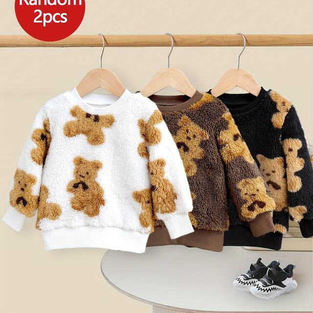 TEMU Zwei zufällige Herbst- und Winter-Fleece-Hoodies für Babyjungen, weiche und bequeme, dicke Plüschkleidung mit einem niedlichen Bär-Design, das perfekte Geschenk für dein kleines Kind