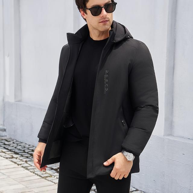 TEMU Mid-length Detachable Hood Padded Coat, Men's Winter Parka With Block-style Quilted -style Cuffs