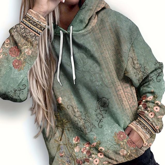 TEMU . Damen Vintage Ölmalerei Blumenmuster 3D Hoodie Doppelseitige Tasche Hoodie Bunter Blumen Hoodie mit Kordelzug Mischfarbe