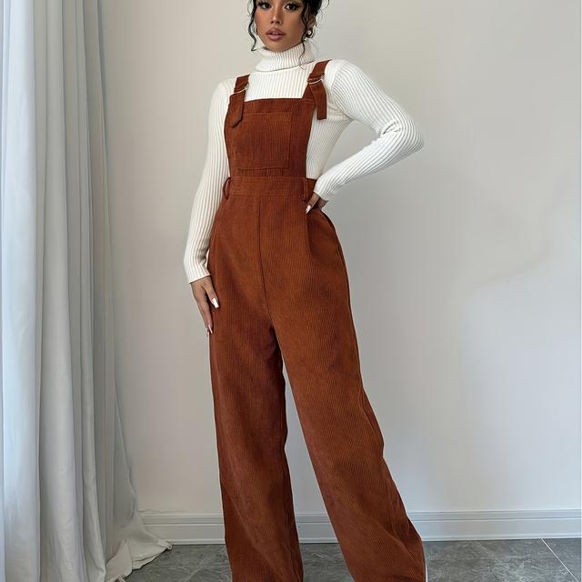 TEMU Damens Casual Cord-Jumpsuit mit breiten Schulterträgern & Knopfdetails - Einfarbig, nicht dehnbarer Stoff, Handwäsche, lässiger Schnitt für Herbst/Winter Freizeitkleidung