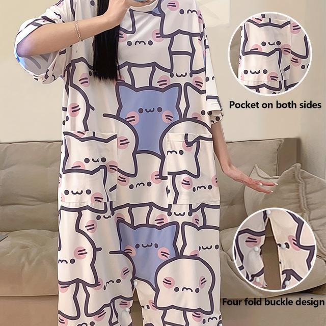 TEMU 【2ウェア】スカートとして着用可能、スーツとして着用可能、新作 レディース 夏 漫画 かわいい ゆったり スーツ パジャマ - 4つスナップデザイン - 半袖 スーツ パジャマ、両サイドにポケット付き