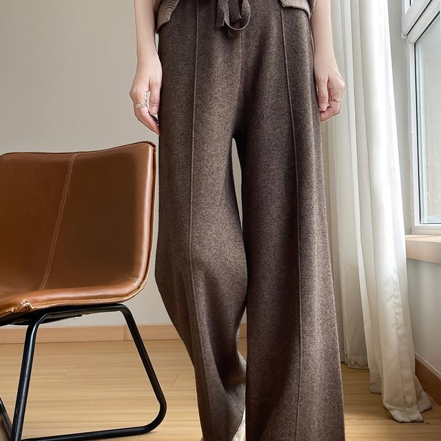 TEMU Women's Thickened Loose-fit Pants With Elastic Waistband And Drawstring, Casual Elegant Straight-leg Wide-leg Trousers, Long Length, Solid Color, Fall/winter Collection