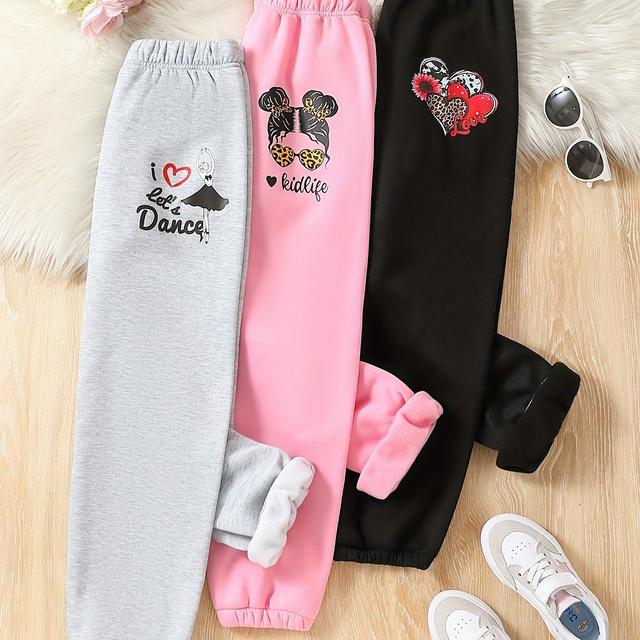 TEMU Girls' Plus Size (130-170) Autumn/ Apparel, Casual Print Thickened Jogger Pants, 3pcs Set, Perfect For Outdoor