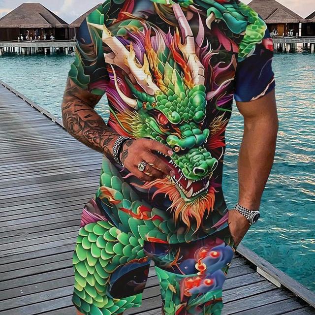 TEMU Herren Freizeit 3D-Druck Drache T-Shirt und Shorts Set, Sommer, Strickstoff, Regular Fit, Polyester, Rundhals, leicht elastisch, Druckmuster, Plus Size