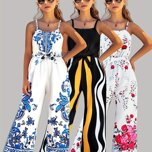 TEMU Juego de 3 piezas, Tallas Medianas a Grandes para Niñas 130-170, Elegante Mono de Cintura Ajustada y Pierna Ancha con Estampado de Rayas y Flores para /Verano, Ideal para Uso Diario y al
