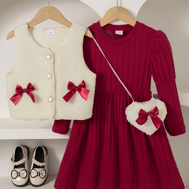 TEMU A Stylish Two-piece Outfit For Girls Featuring A Sleeveless Top With Button And Bow Decoration, With A Long-sleeve Knee-length Dress, Perfect For Casual , Autumn, And Winter, For Outdoor
