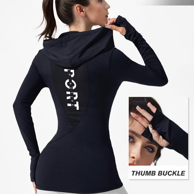 TEMU 여성용 요가 러닝 피트니스 운동용 긴팔 후드티, 엄지 구멍, 뒷면 통기성 메쉬, 신축성 있는 V넥 캐주얼 탑, 가을 의류, 우아한 여성 의류, 크리스마스 선물