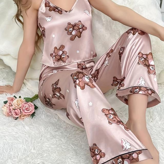 TEMU Cute Bear Brown Cartoon Pattern Pajama Set For Teens - Casual Polyester And Spandex Blend, Woven, Non-stretch, Summer Sleepwear Shoulder Straps