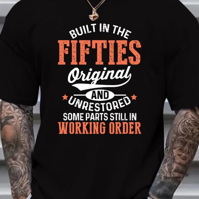 TEMU Men's Vintage Style Graphic Print T-shirt - 'built In The 1950s' Design, Casual Loose Fit, Made Of Polyester, Machine Washable, Gray With Orange And White Text, Wear