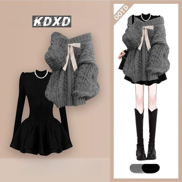 TEMU 2026年春秋ロングスリーブドレス パフスカート2点セット - デートに必須 - トで高貴 - ホームレジャー